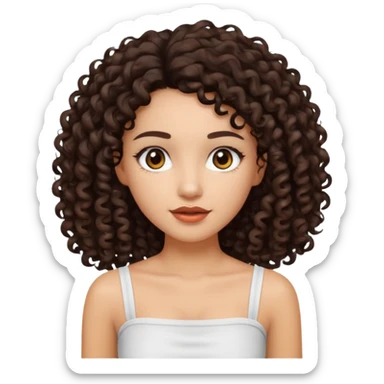 Woman with light skin and dark brown eyes and dark brown long curly hair and white tube top sticker