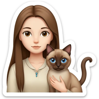 a  girl with brown  straight long hair and Siamese cat. sticker
