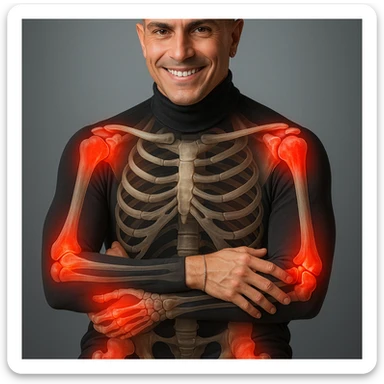 Create a series of 5 vertical images of a man (reference photo) with widespread joint pain, highlighting inflammation with an anatomical view. Show red zones on the joints, medical style, anatomical details, hyperrealism, variation 4. sticker