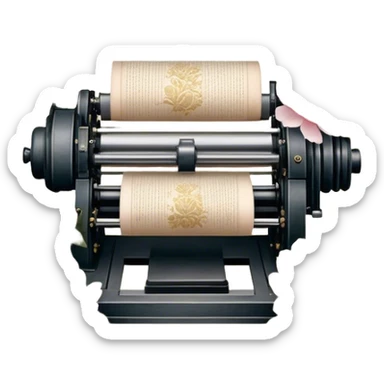 An old-fashioned letterpress printing studio, where stacks of aged parchment are printed with delicate golden floral motifs of soft pink roses and white peonies, as pearl butterflies rest gently on the warm paper.
 sticker
