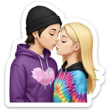 Short brunette haired white girl in a hoodie and a black beanie kissing a tall short long blonde haired girl wearing a black beanie and a tiedye hoodie sticker