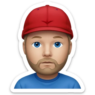 Fred Durst with dark blonde hair, blue eyes, red outfit and cap sticker