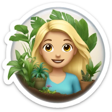 create a blonde girl holding a terrarium of tropical plants sticker