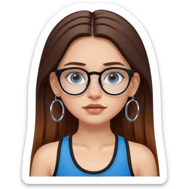 White girl with long brown hair, part going more to the RIGHT side, BLUE eyes, wearing BLACK plastic frame glasses that go from black to CLEAR ombré from top to bottom. SEPTUM nose piercing hoop, AND stud nose piercing on right side of nose. Wearing BLACK tank top. Wearing big hoop earrings  sticker