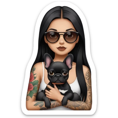 girl with long black  straight hair and tattoos and Wearing sunglasses and a black French bulldog sticker