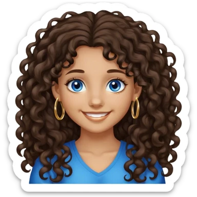 Girl with long dark brown loose curly hair and blue eyes with medium skin and small gold hoops smiling  sticker