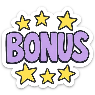 the word BONUS in large letters, all the same vibrant color, surrounded by stars, no background or sign behind, just the letters and stars, vibrant cartoon style QUIERO EXACTAMENTE IGUAL SOLO QUE LAS LETRAS DEBEN SER VIOLETA PASTEL Y LAS ESTRELLAS AMARILLAS sticker
