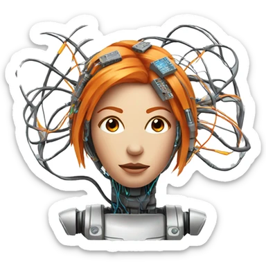 Head of female cyborg with orange hair and circuits wires sticker