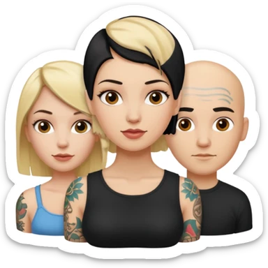 throuple blonde femaleand brunette female with bald tattooed male sticker