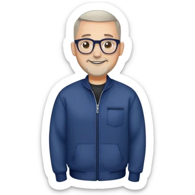 Man with light skin, oval face, buzz cut extremely short on top with faded sides, short peppered gray beard, large black-framed glasses, smiling face, broader body build, navy blue zip-front sweatshirt with long sleeves sticker