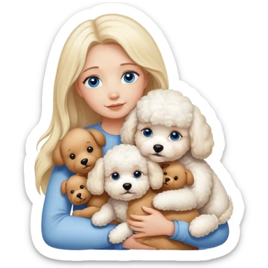 Blonde blue-eyed long-haired mother hugs two dogs, a Bichon Frise and a Teddy sticker