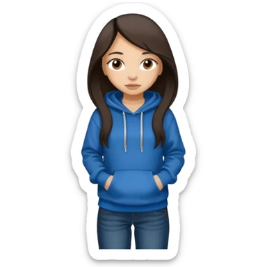 Can you make a girl with dark brown eyes with dark brown hair straight long hair with fully body with a black hoodie and blue baggy jeans sticker