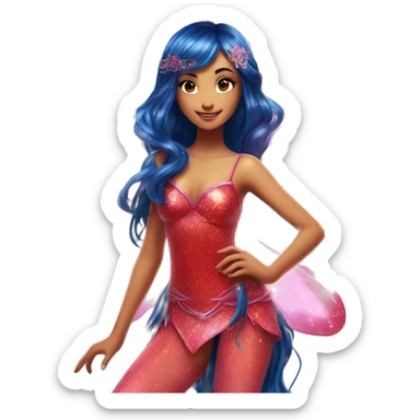 Musa asian adult fairy of music in her enchantix fairy red sparkling two-piece clothing and fairy enchantix wings and long dark blue hair in pigtails from winx club. Lots of sparkles and fairydust. Full body pic and full fairy bliss sticker
