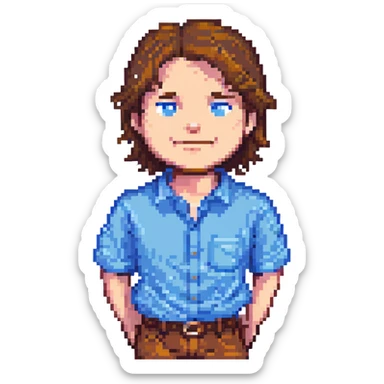 John Doe as a pixel art character, 16-bit style, with a blue shirt and brown hair, smiling sticker