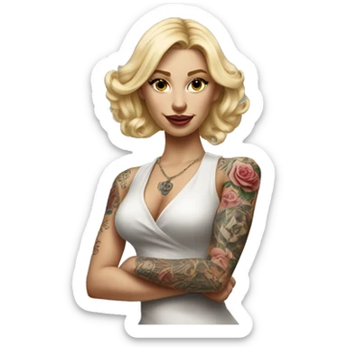 Blonde elegant women, her Body Covered with Tattoos, POINTING to YOU FORWARD with her ONE HAND , Hyper realistic sticker