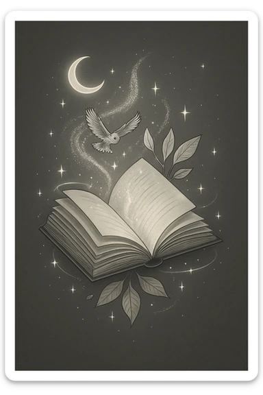 Create a simple but detailed illustration of an open magical book with shadows and highlights. Add magic energy or sparkles emanating from the book, with a glowing magical effect. The style should be clean and minimalistic line-art with well-developed shadows and highlights, inspired by the reference image. sticker
