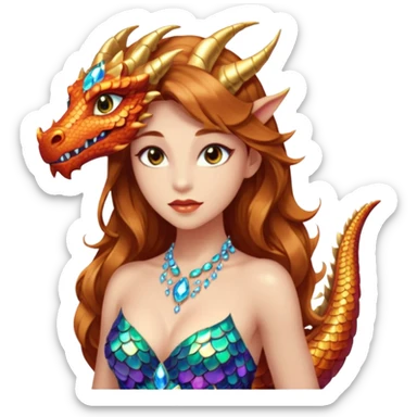 Am amazing blend of a half dragon woman with glittering jeweled scales covering her body. She has large almond shaped eyes, lush lips, and she wears a stunning luminescent gown. sticker