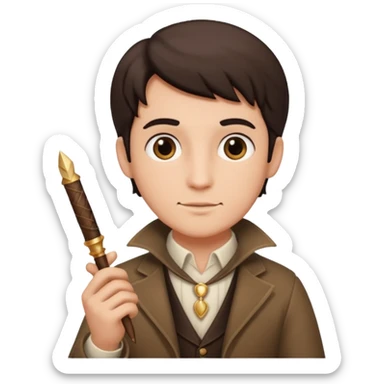 a romance novelist, romantic, dizzy, male, with a quill pen sticker