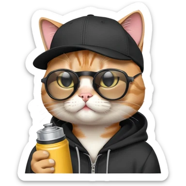cat with one eye CLOSED in a CLEAR WINK, wearing black snapback cap and black hoodie, black sunglasses tilted low on nose, looking over the top of sunglasses at viewer with other eye open, holding spray paint can sticker