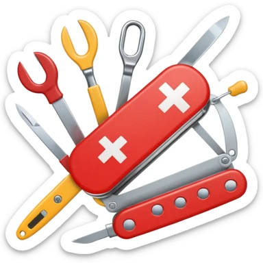swiss army knife emoji with tools representing bookkeeping, payments, customer service, and sales, each tool with small icons showing their function, focus on phone contact with customers for e-conomic, colorful and friendly sticker