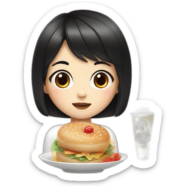 a girl with a black square hairstyle sits and eats Korean goodies sticker