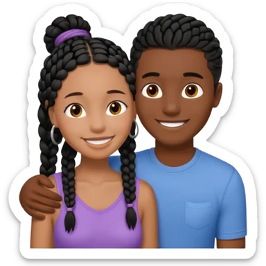 Dark black girl with black braids, smiling, and embracing her tan white boyfriend with straight brown hair sticker