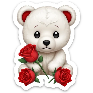 Cute white teddy bear with sad puppy dog eyes holding roses  sticker