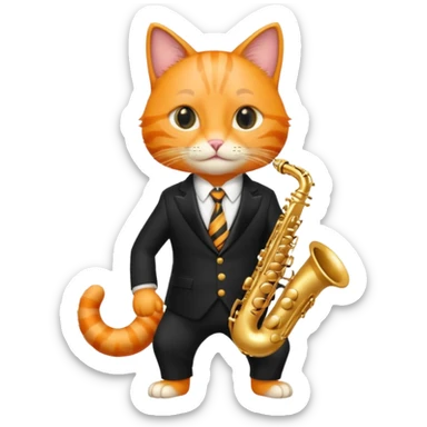orange cat play gold saxophone, wear black suit sticker