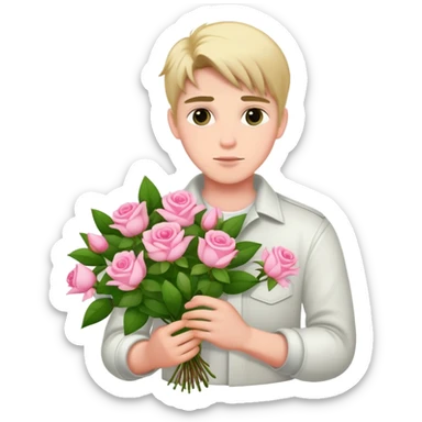 A cool bad boy with fair skin holding a bouquet of pink jasmine roses sticker