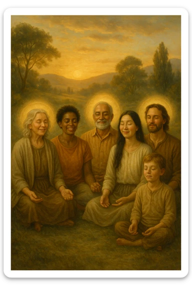 a diverse group of people of different ages and backgrounds sit together in a peaceful natural setting at sunrise, each with serene, joyful expressions. Subtle auras or soft light halos surround them, symbolizing spiritual awakening and inner harmony. The background features gentle hills, trees, and a glowing sky, evoking unity and connection. realistica italiano sticker
