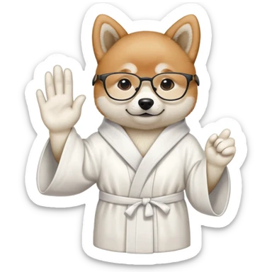 a Shiba Inu puppy wearing a white professor robe and glasses showing a piece sign with a hand sticker