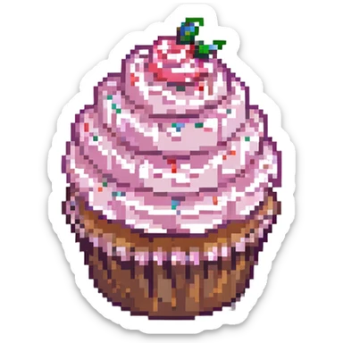 pixel art cupcake with pink frosting and sprinkles sticker