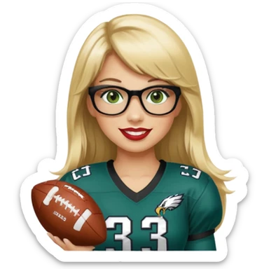 full length women wearing eagles uniform, long blonde hair, styled bangs, green eyes, black glasses, holding football, number 33, smiling, lipstick sticker