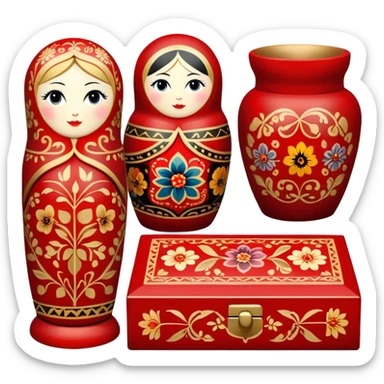 Wood painting icon, painted wooden matryoshkas (nesting dolls) of various sizes, vase, and small wooden box, visible carving tools, paintbrushes, traditional patterns in bright colors like red, gold, and black, no finished artwork, just the crafting process, minimalistic style, clean lines, transparent background. sticker