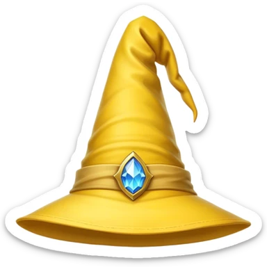 A yellow wizard hat with a classic pointed shape, slightly curved at the tip. The hat has a soft fabric texture with subtle folds, and a wide brim. The design is cartoon-style, with smooth shading, simple details, and a playful, magical look. sticker