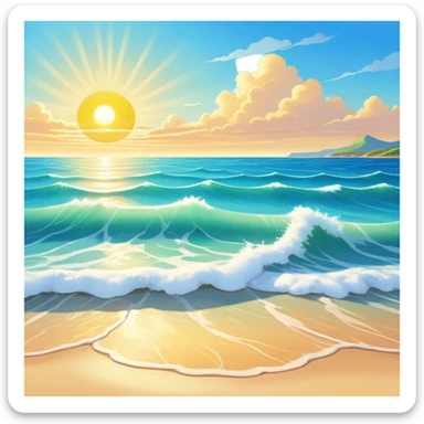 A beautiful  shoreless seascape with waves in warm tones under a bright sun, with the azure sea occupying the foreground. The sunlight reflects off the water, creating a vibrant, peaceful atmosphere. The background features a stunning sky with soft clouds and a distant horizon. sticker