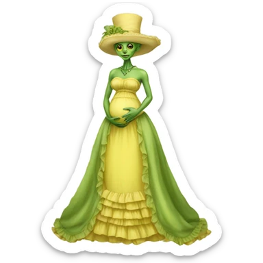 Pregnant green alien woman, full body, in victorian jellow elegant dress sticker