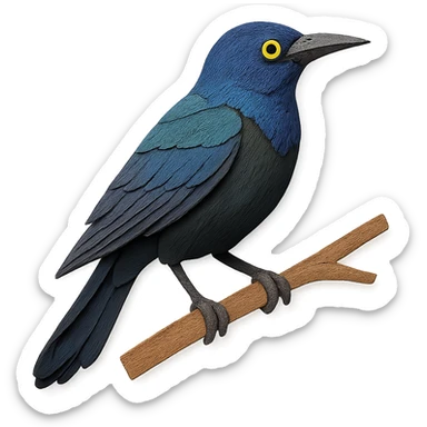 close-up of a common grackle perched on a tree branch, fine paper edges, iridescent feathers, sharp beak, yellow eye sticker