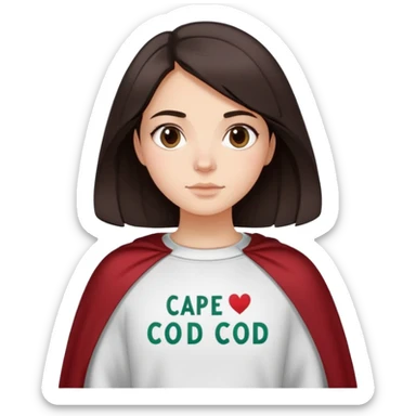 Italian girl wearing crewneck sweater that says cape cod on it, make her hair dark brown and medium length sticker