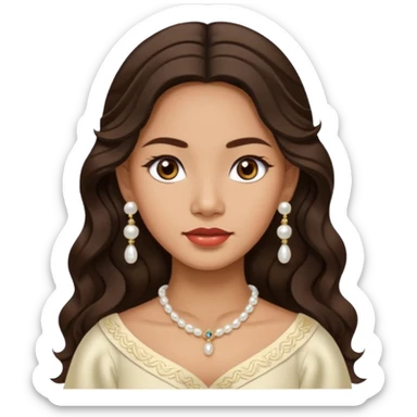 Tan Filipino woman with dark brown eyes and long dark wavy hair parted in the middle wearing a traditional filipiniana and white pearl stud earrings and no other jewelry sticker