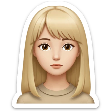 young woman, very long straight blonde hair parted in the middle with bangs, almond-shaped brown eyes, brown eyebrows, oval face with a refined jawline, small nose, medium lips, seated sideways, sharp collarbone, profile view, sticker