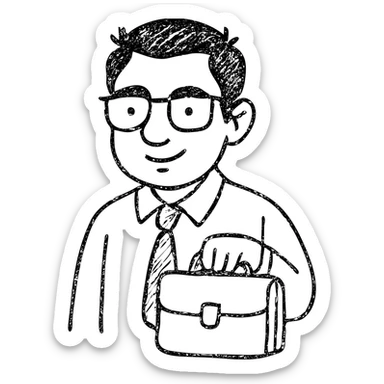 Indian finance bro with glasses, holding a briefcase, hand drawn outlined icon sticker