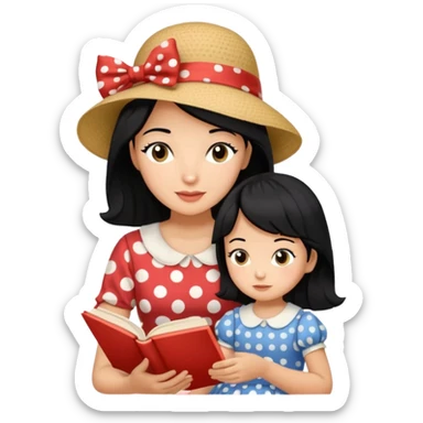 A black hair mother in a ribboned hat wearing polka dot dress reading a storybook to her child. sticker