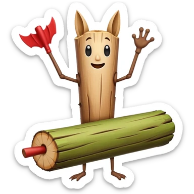 The character is an anthropomorphic wooden log with a cartoonish face, human arms and legs, and a long wooden bat, giving it a surreal, humorous appearance. sticker