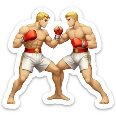 Round emblem symbolizing striking martial arts. The emblem features two fighters in dynamic stances, one delivering a powerful punch while the other defends with a block. In the center, a stylized fist and foot crossed to represent the essence of striking.  sticker