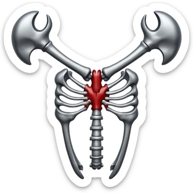 Emoji-style metallic anatomic bones with traces of blood, steel texture, dark dramatic tone, clean background sticker