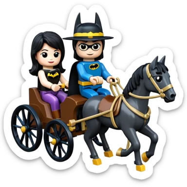  Ultra cute  Lego detailed 1854 Batman driving and pretty dark-haired Catgirl riding a horse drawn family-size Caravan alone together on a romantic trail in the woods  sticker
