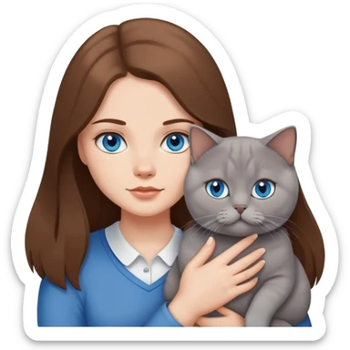 White girl with blue eyes and long brown hair, holding british shothair cat sticker