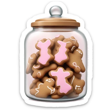 Realistic glass cookie jar with light pink lid full of gingerbread cookies isolated.  sticker