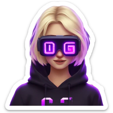 Russian cute blond student girl wearing black hoody with violet letters "OMG", in vr headset. No eyes. Cyberpunk style. Violet neon. sticker